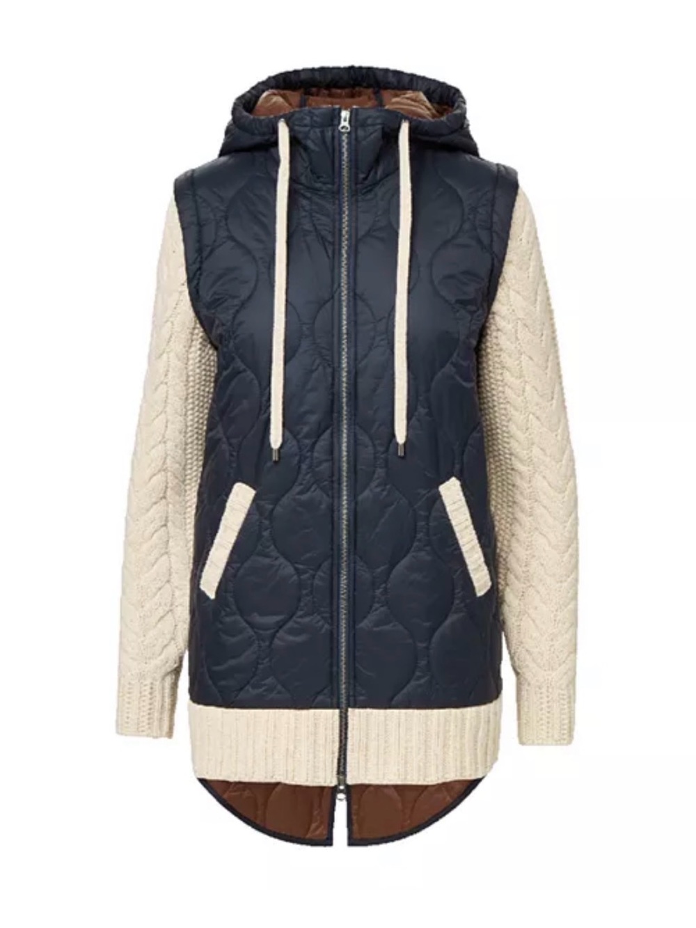 Veronica Beard Barrows Navy Quilted Hooded Jacket with Cream Knit Sleeves